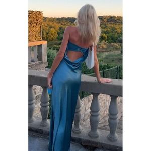 Showpo Charlita Steel Blue Maxi Dress Strapless Cowl Back Satin Dress Size 4